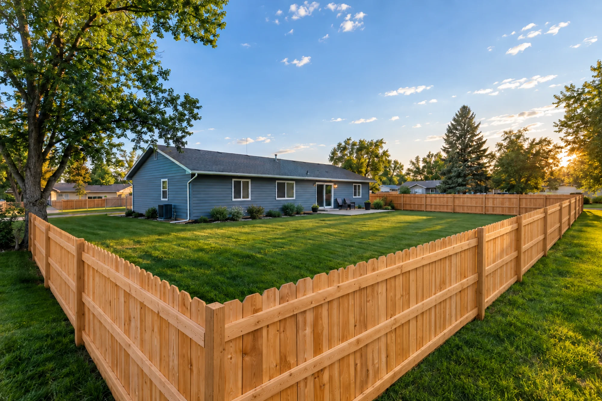 New cedar privacy fence around a backyard in South Dakota