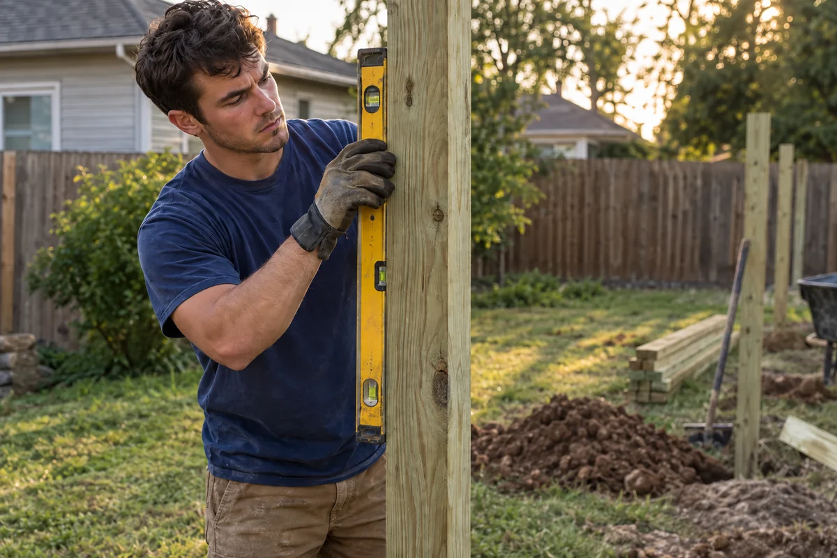 Fence installer checking a new post for level